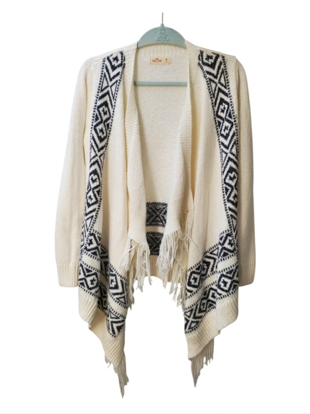 Hollister Aztec Style Cardigan Fringe Accents with Waterfall Front Open